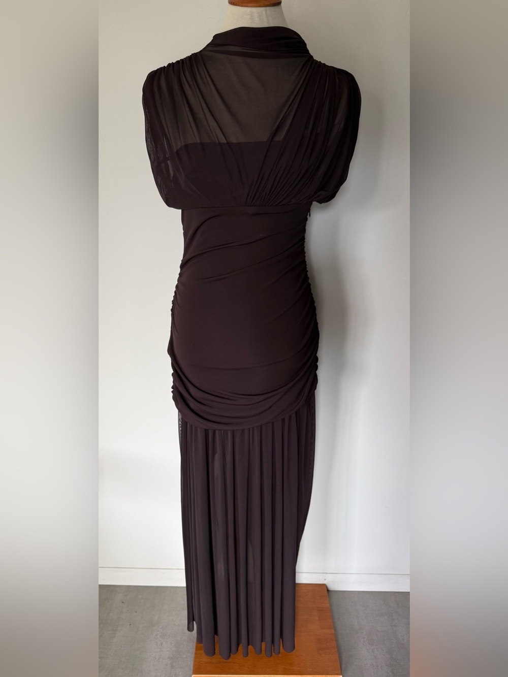 NWT Elegant Zara Brown Draped Maxi Dress with Sheer panels